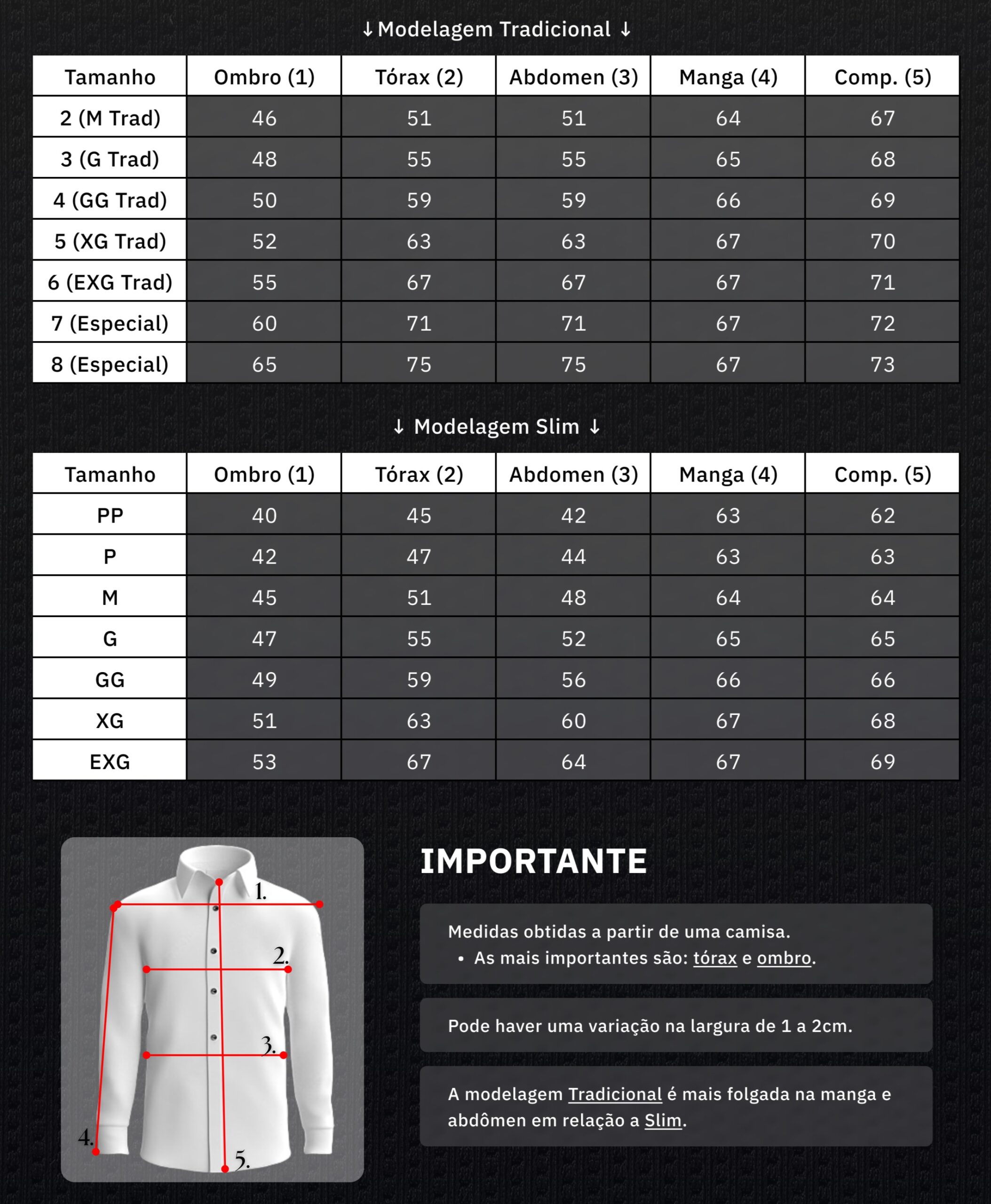 Tabela de medidas masculinas