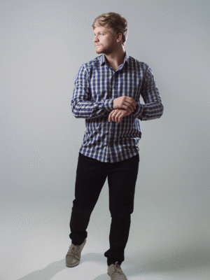 Camisa Xadrez Masc. Branco e Azul